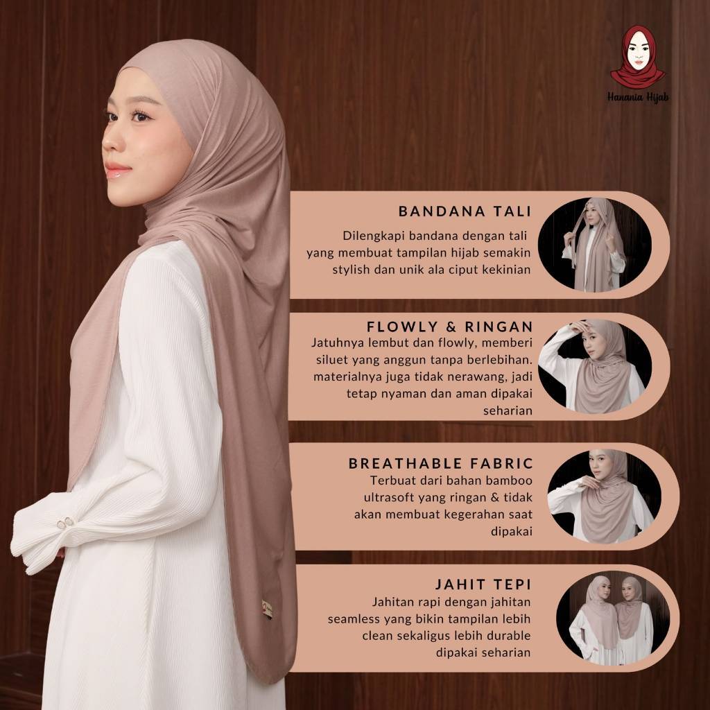 Hanania Hijab - Aldera Pashban Pashmina Bandana Kaos Oval Tali Syar'i Rayon Cooltech Premium | Pashmina Bandana Oval Kaos Rayon Cooltech